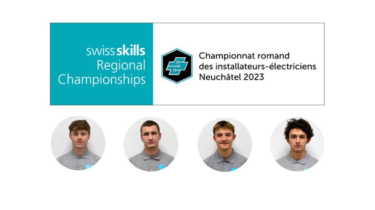 Clément Bovay, Esteban Paltenghi, Matthieu Vuilliomenet et Noah Vuilloud au championnat romand des installateurs-électriciens à Marin Centre 