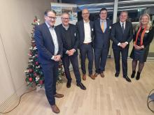 Laurence de la Serna, Présidente de la CCIG, en compagnie de 5 Directeurs des Chambres latines de commerce et d’industrie (CLCI): Christophe Emmenegger (CCIF), Florian Németi (CNCI), Pierre-Alain Berret (CCIJ), Vincent Riesen (CCIVS) et Vincent Subilia (CCIG)